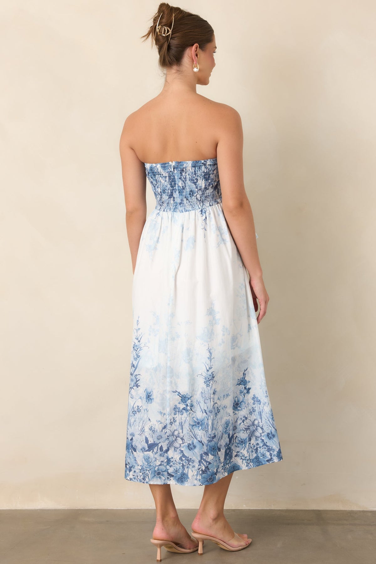 Gathered in Grace Blue Floral Cotton Strapless Midi Dress