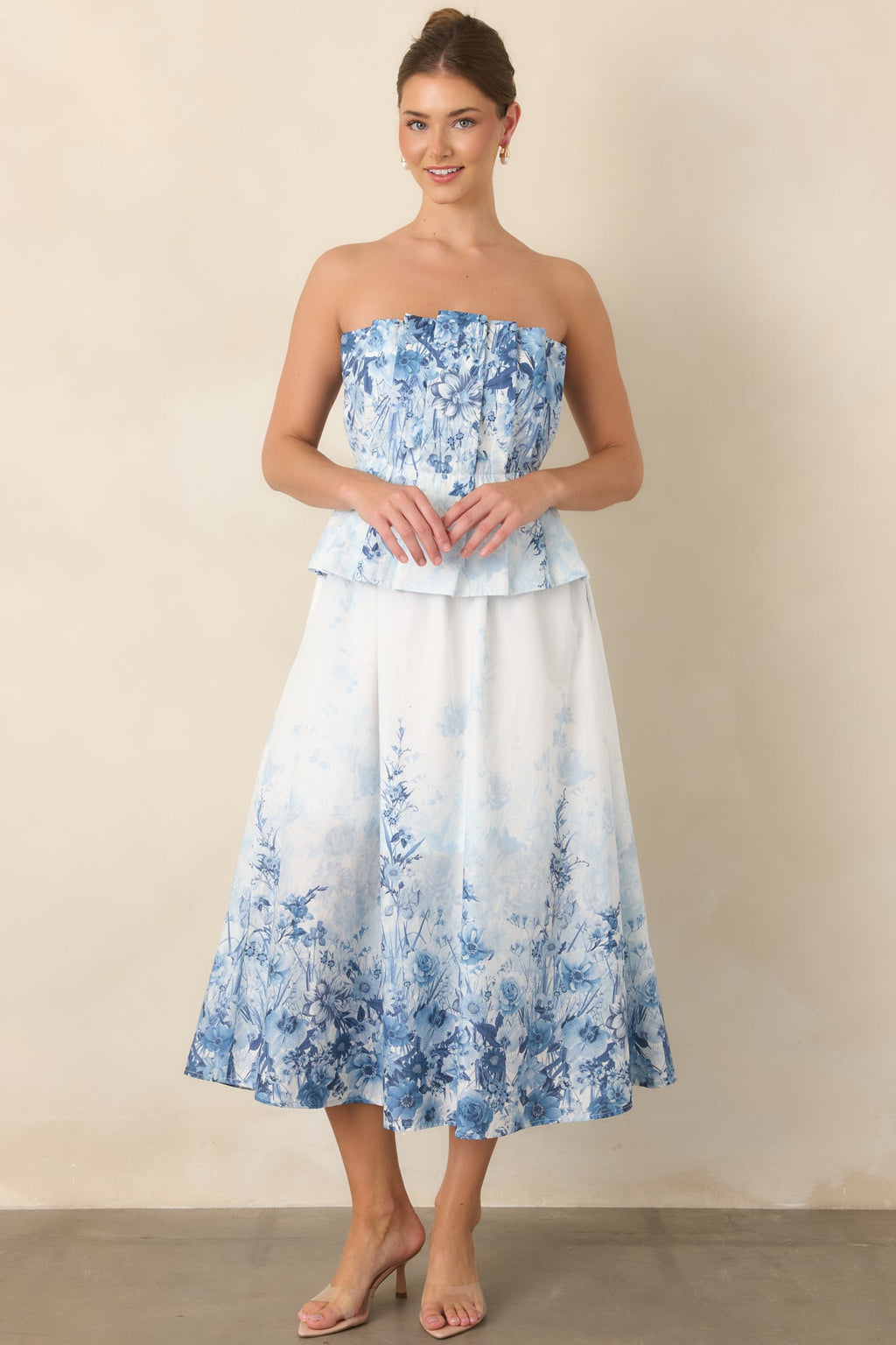 Gathered in Grace Blue Floral Cotton Strapless Midi Dress