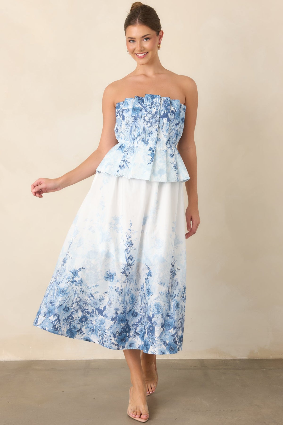 Gathered in Grace Blue Floral Cotton Strapless Midi Dress