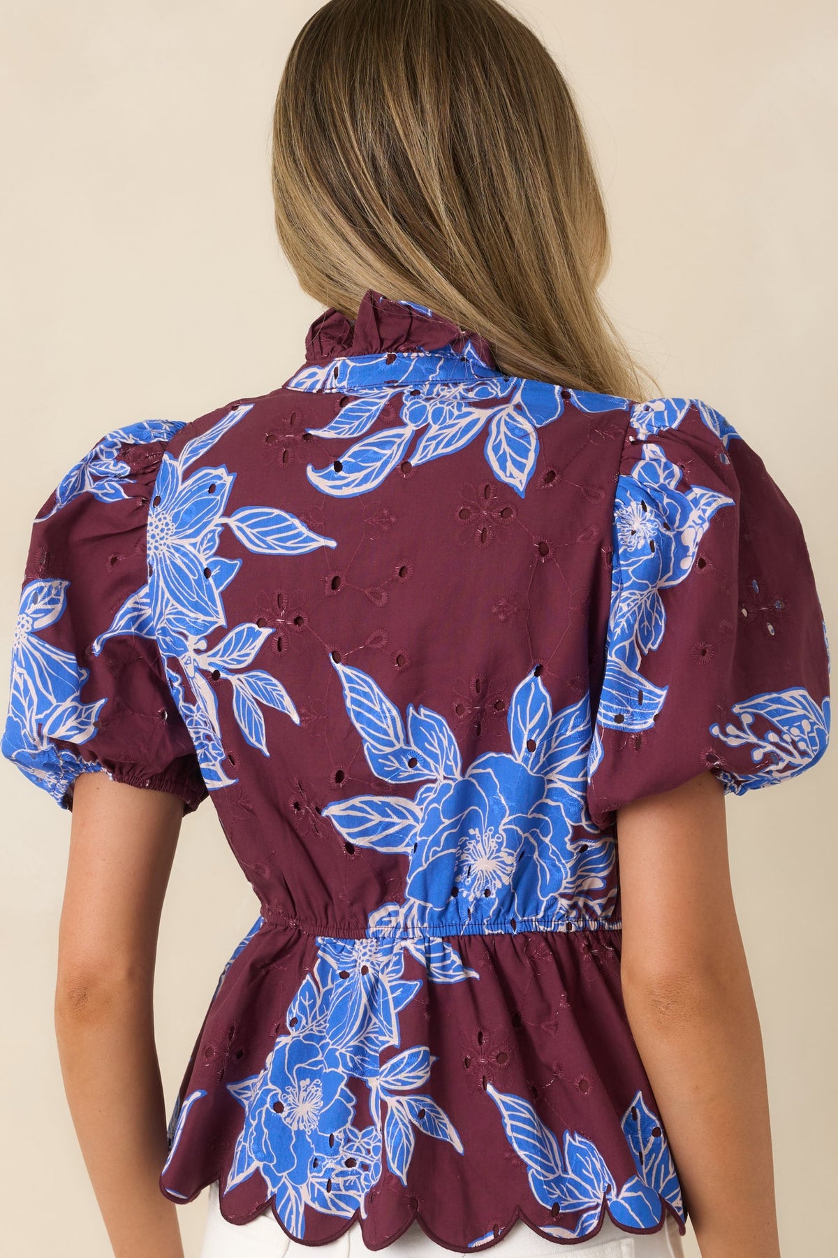 The Garden's Calling Wine & Cobalt Floral Cotton Eyelet Top