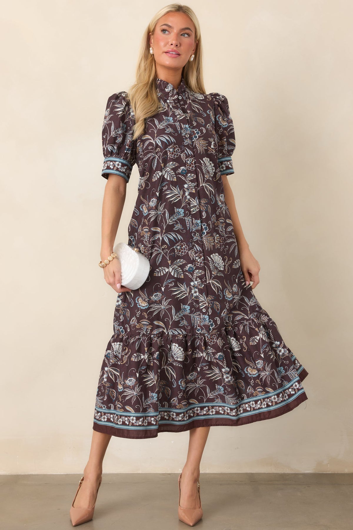 Woodland Romance Dark Brown Floral Cotton Midi Dress