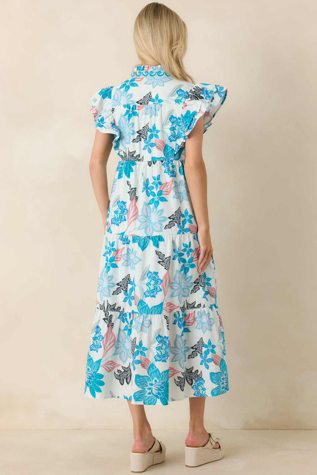 Artful Ease Teal Multi Embroidered Cotton Tiered Midi Dress