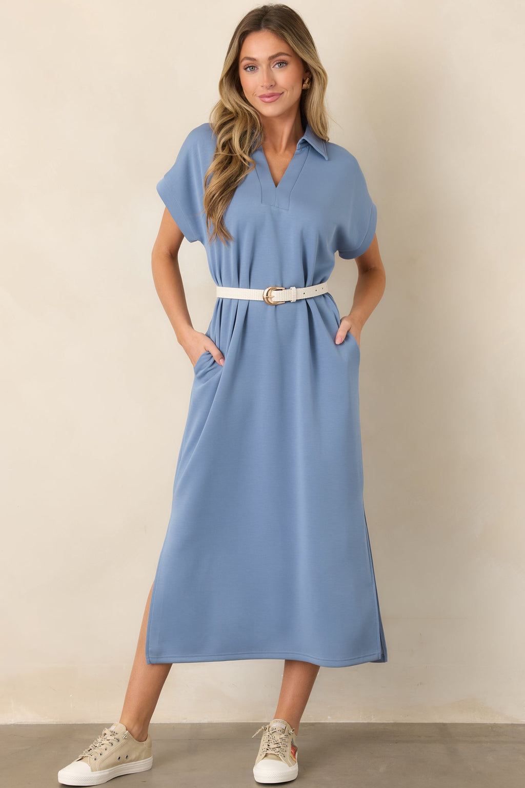 Made The Right Call Chambray Blue Collared Midi T-Shirt Dress
