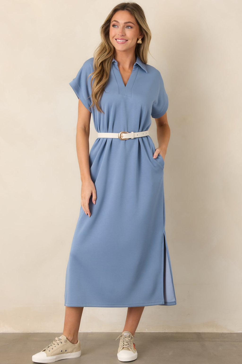 Made The Right Call Chambray Blue Collared Midi T-Shirt Dress