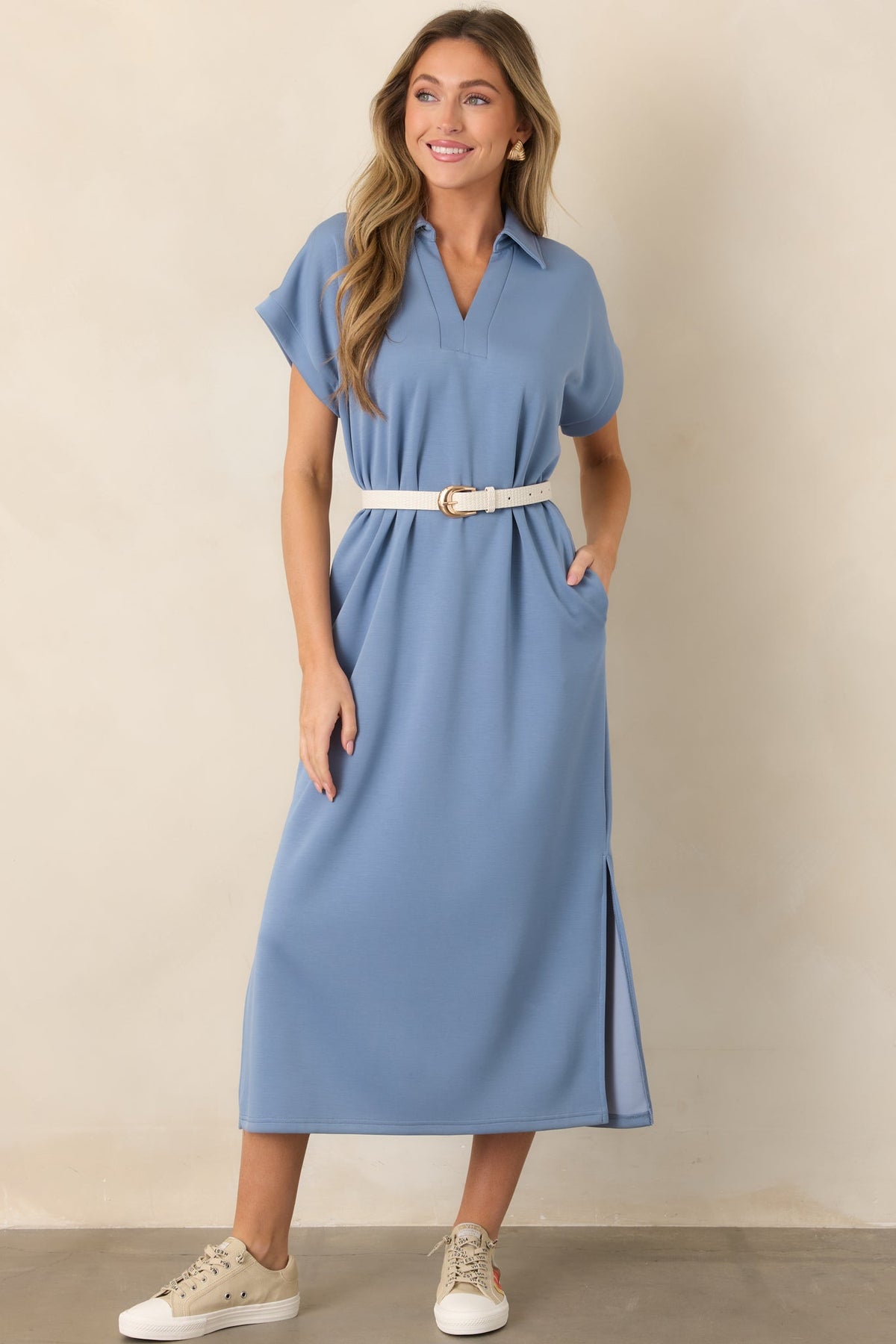 Made The Right Call Chambray Blue Collared Midi T-Shirt Dress