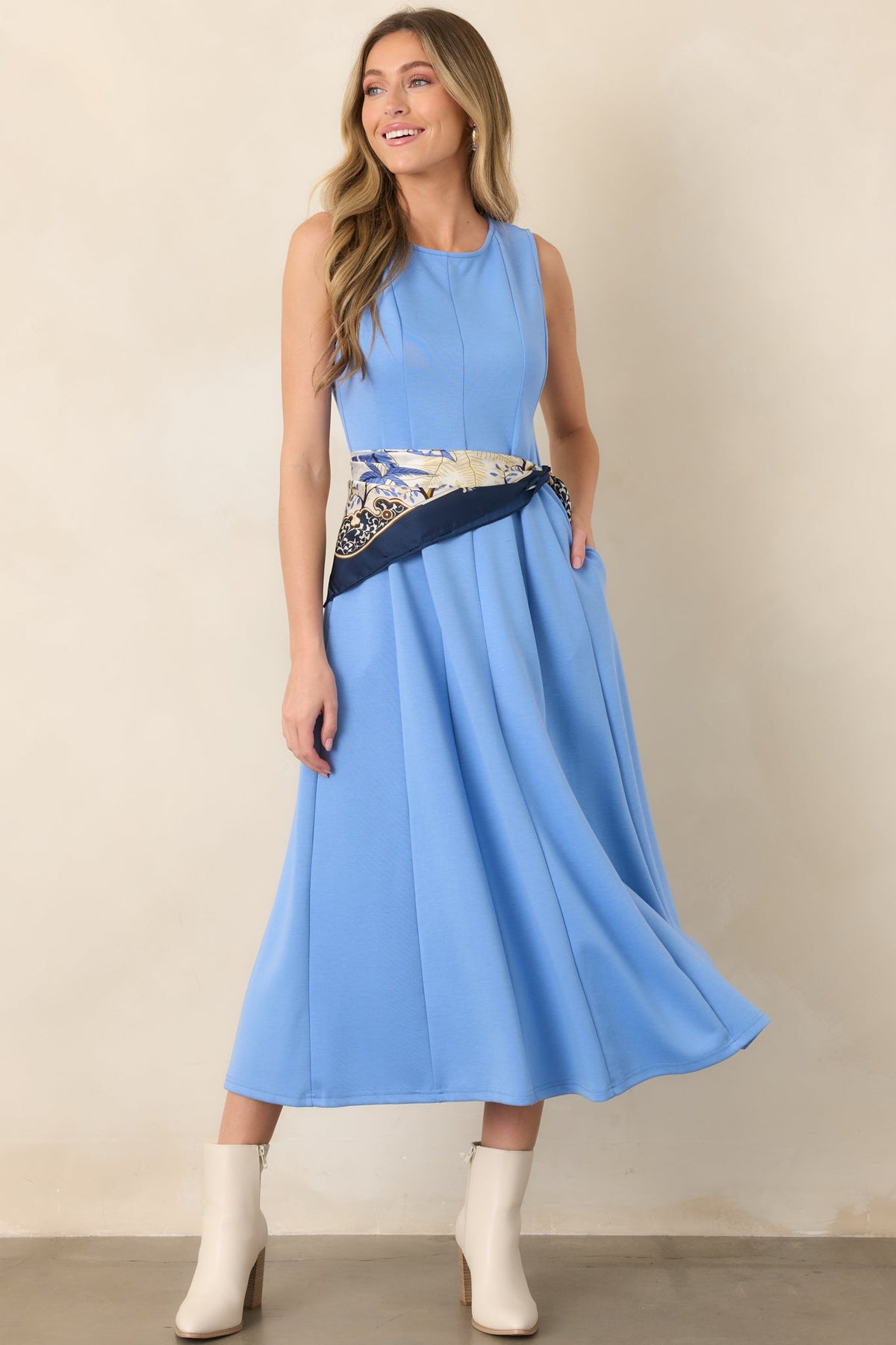 Soft Landing Light Blue Paneled Sleeveless Midi Dress