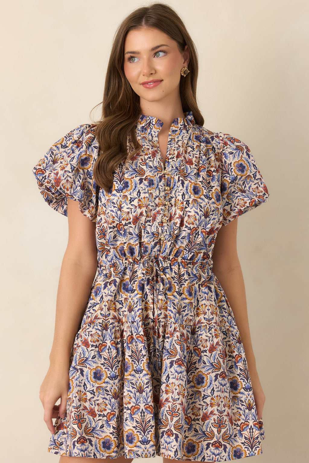 In the Garden Ivory & Blue Multi Floral Cotton Mini Dress