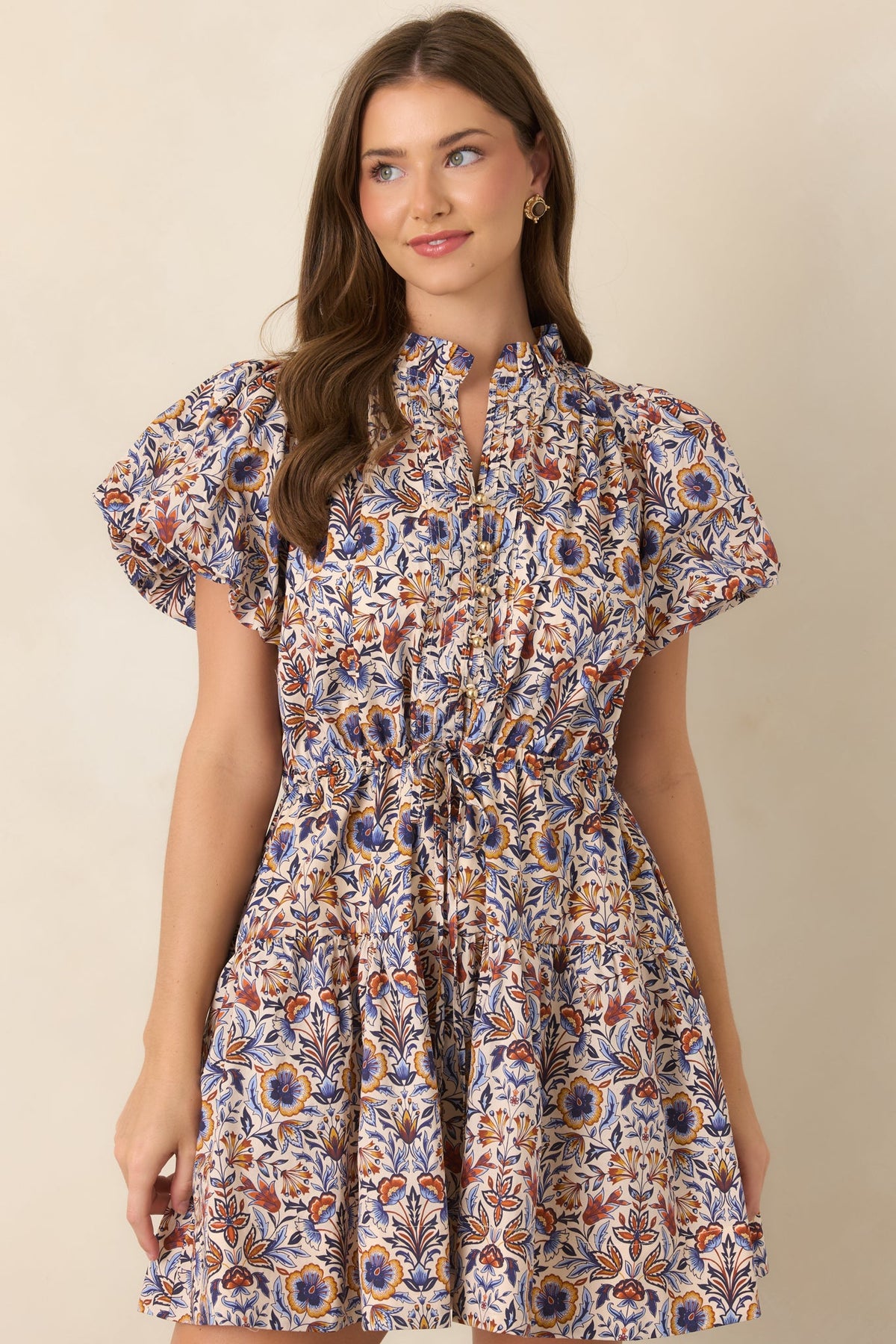In the Garden Ivory & Blue Multi Floral Cotton Mini Dress