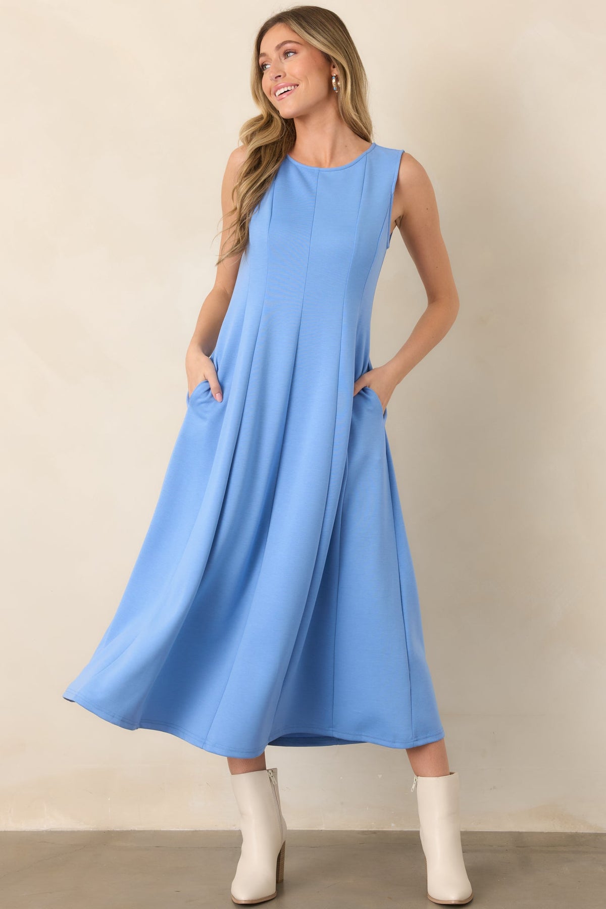 Soft Landing Light Blue Paneled Sleeveless Midi Dress