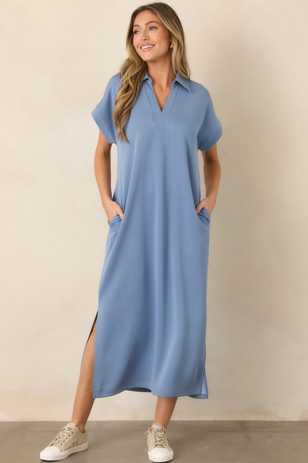 Made The Right Call Chambray Blue Collared Midi T-Shirt Dress