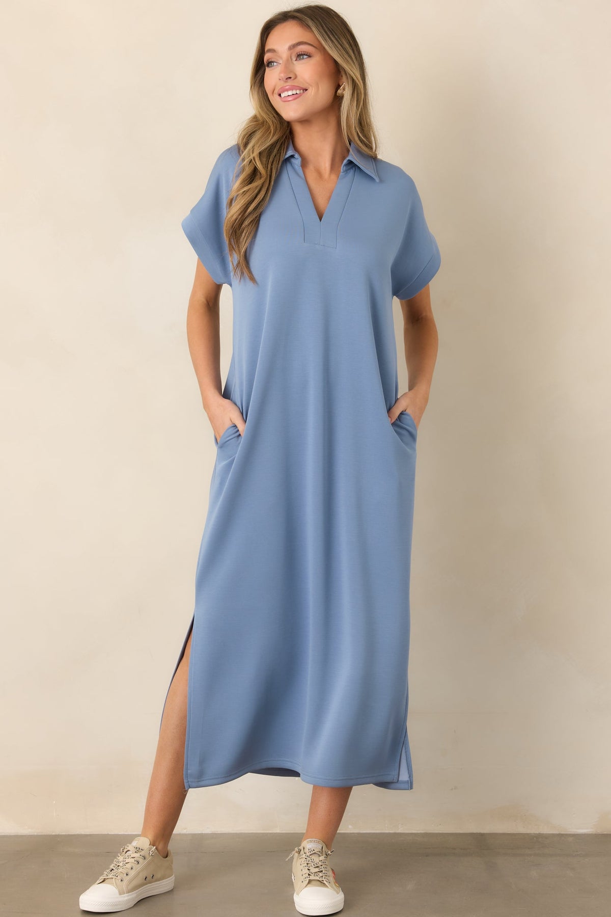 Made The Right Call Chambray Blue Collared Midi T-Shirt Dress