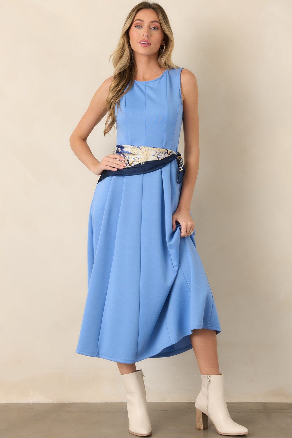 Soft Landing Light Blue Paneled Sleeveless Midi Dress