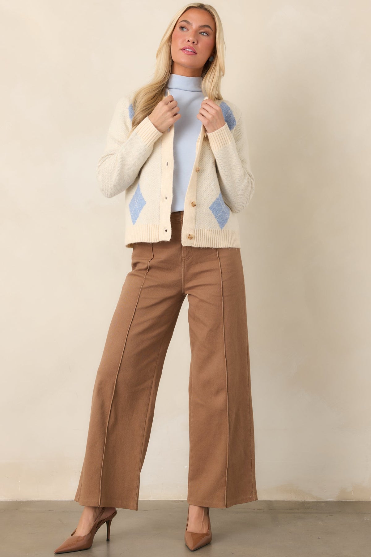 Goes Without Saying Natural Multi Knit Argyle Button Up Cardigan Sweater