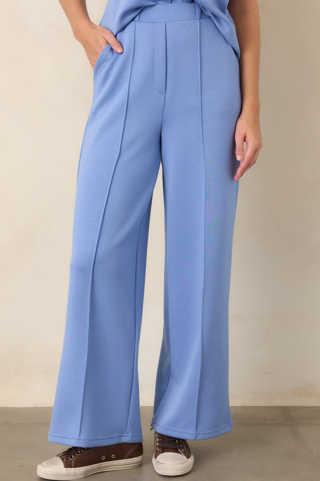 Ready to Jet Horizon Blue Knit High-Waisted Wide-Leg Pants