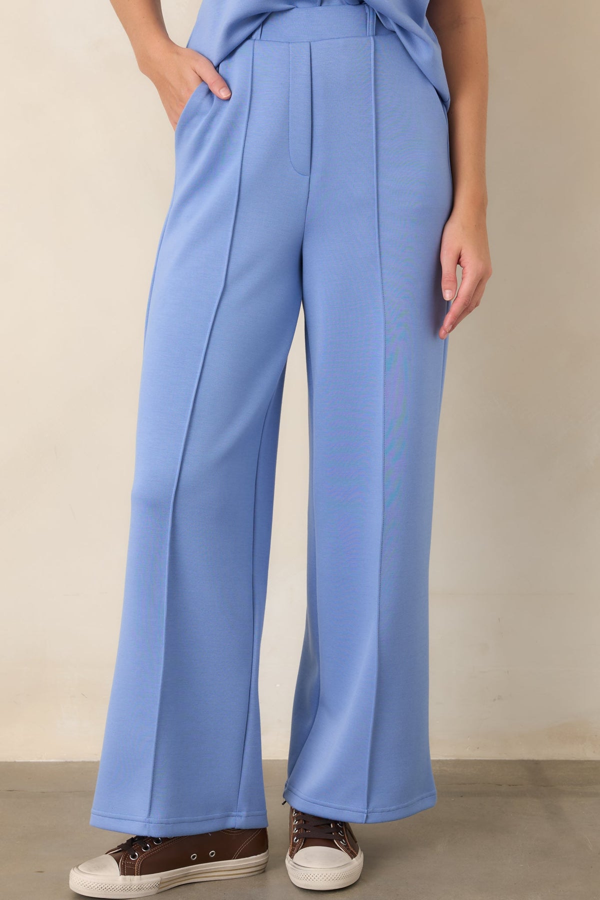 Ready to Jet Horizon Blue Knit High-Waisted Wide-Leg Pants