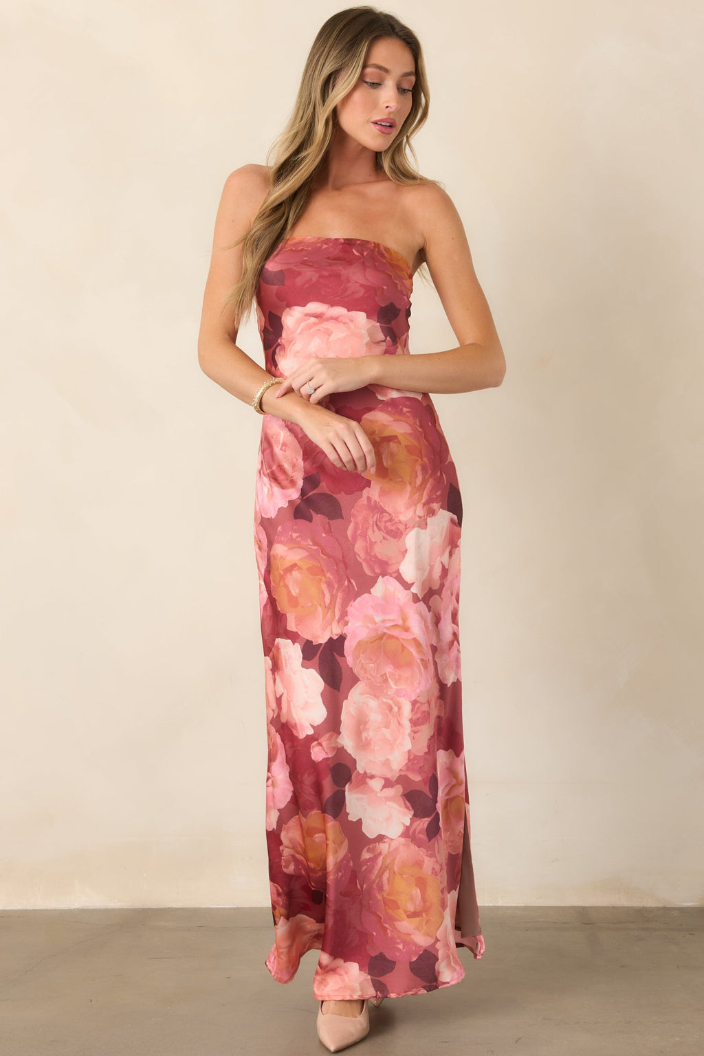 Finding The Way Pink Floral Strapless Maxi Dress
