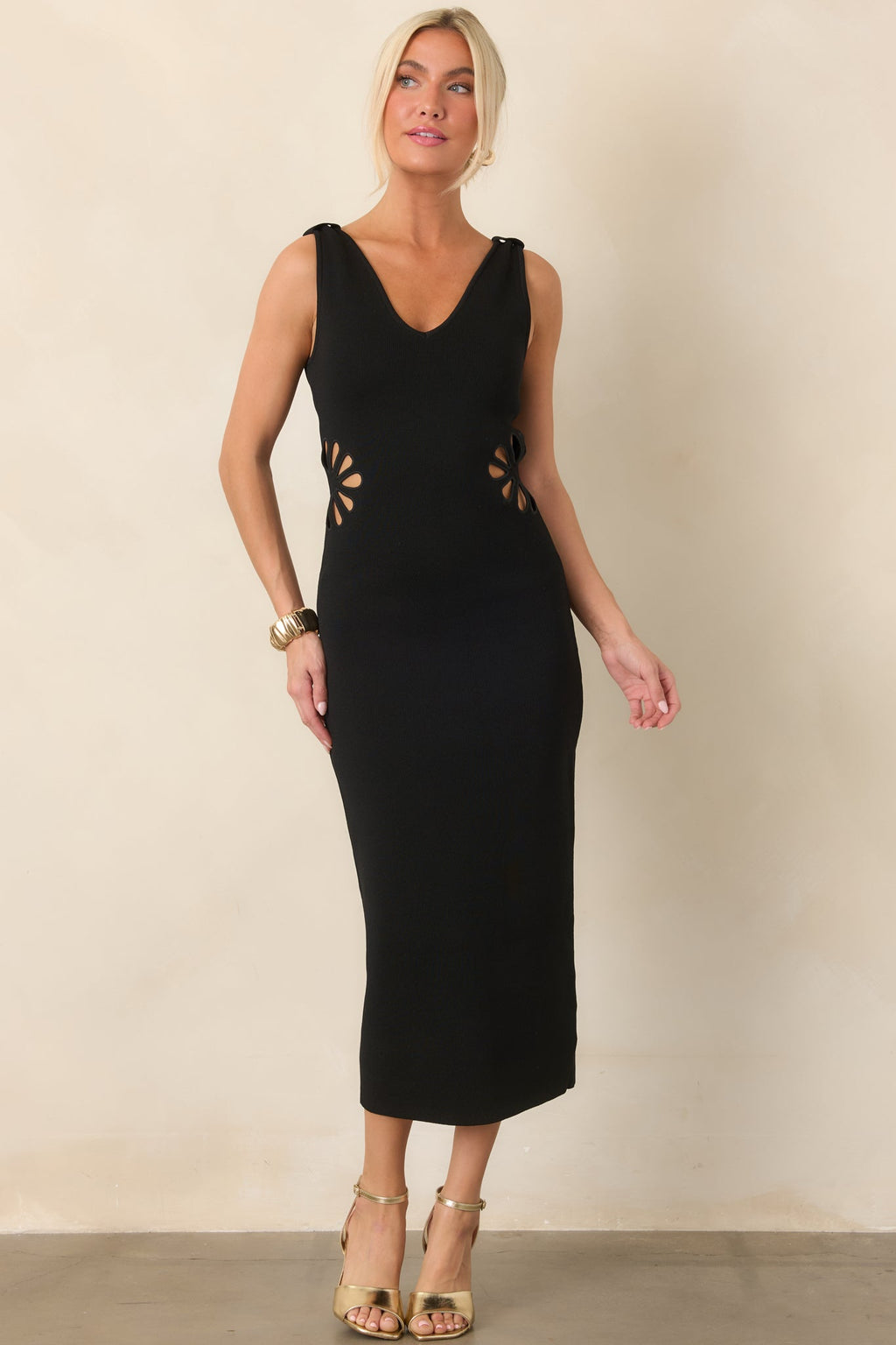 Nothing to Hide Black Floral Cutout Knit Midi Dress