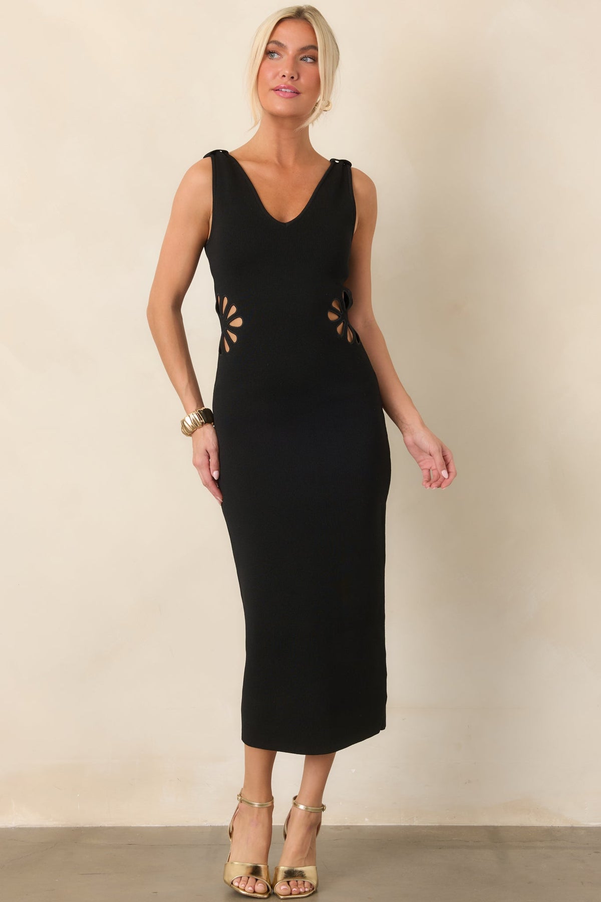 Nothing to Hide Black Floral Cutout Knit Midi Dress