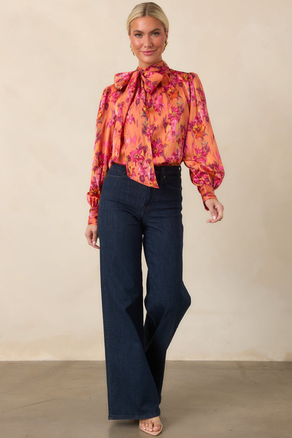 Worth Noticing Orange Multi Floral Satin Blouse