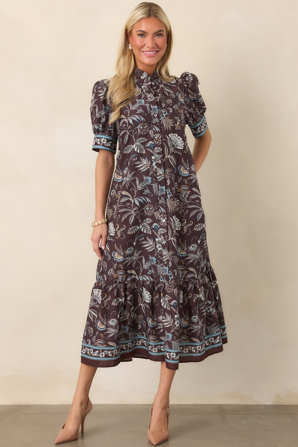 Woodland Romance Dark Brown Floral Cotton Midi Dress