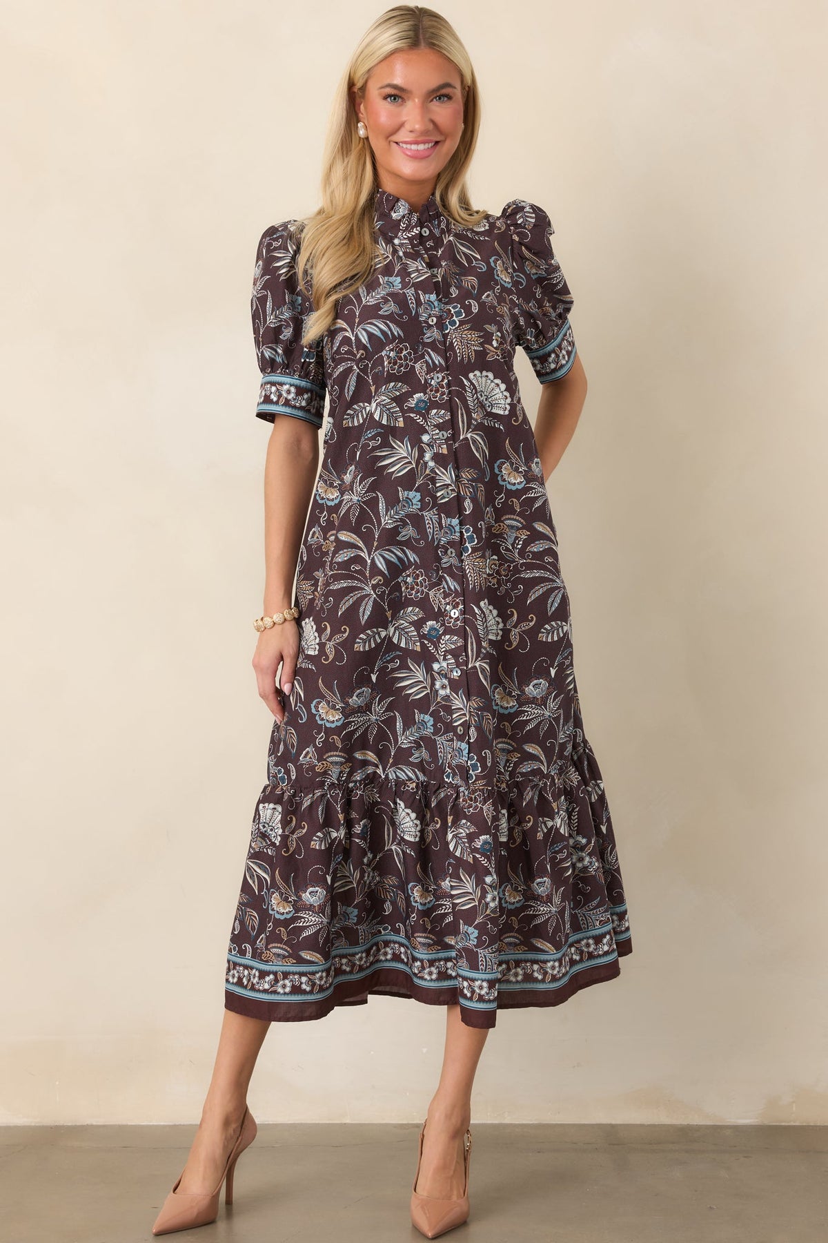 Woodland Romance Dark Brown Floral Cotton Midi Dress