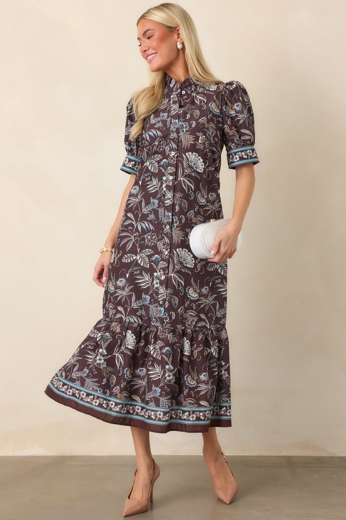 Woodland Romance Dark Brown Floral Cotton Midi Dress
