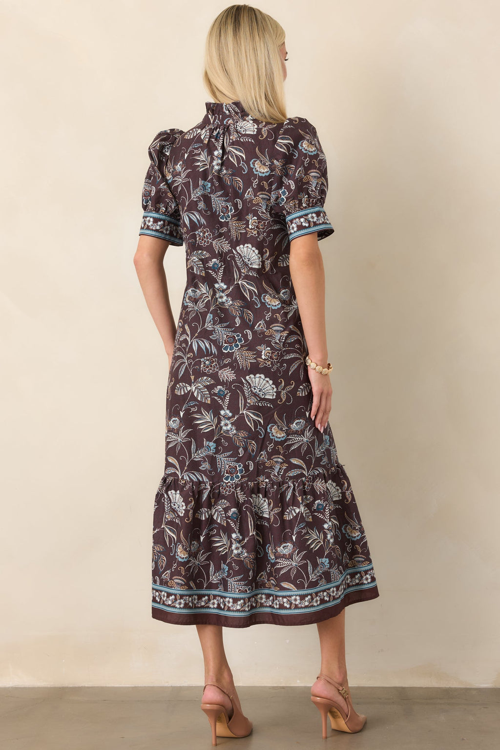 Woodland Romance Dark Brown Floral Cotton Midi Dress