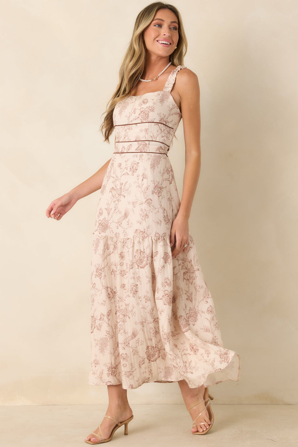 Poetry in Print Ivory & Brown Floral Ruffle Strap Maxi Dress