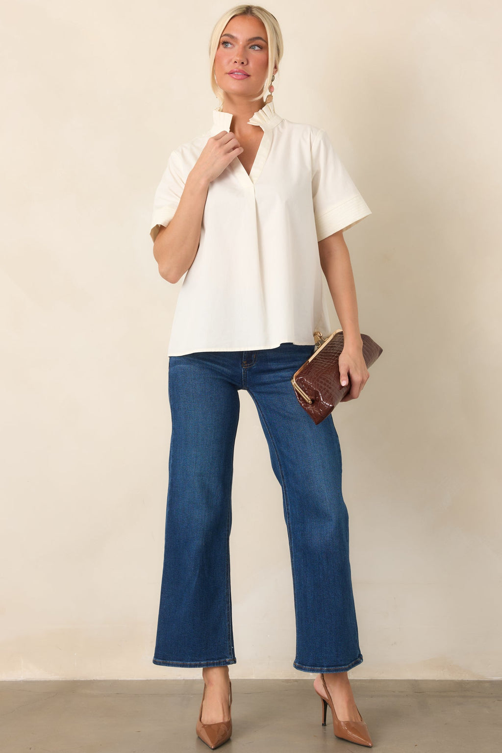 Nicely Done Ivory Cotton Ruffle Collar Blouse