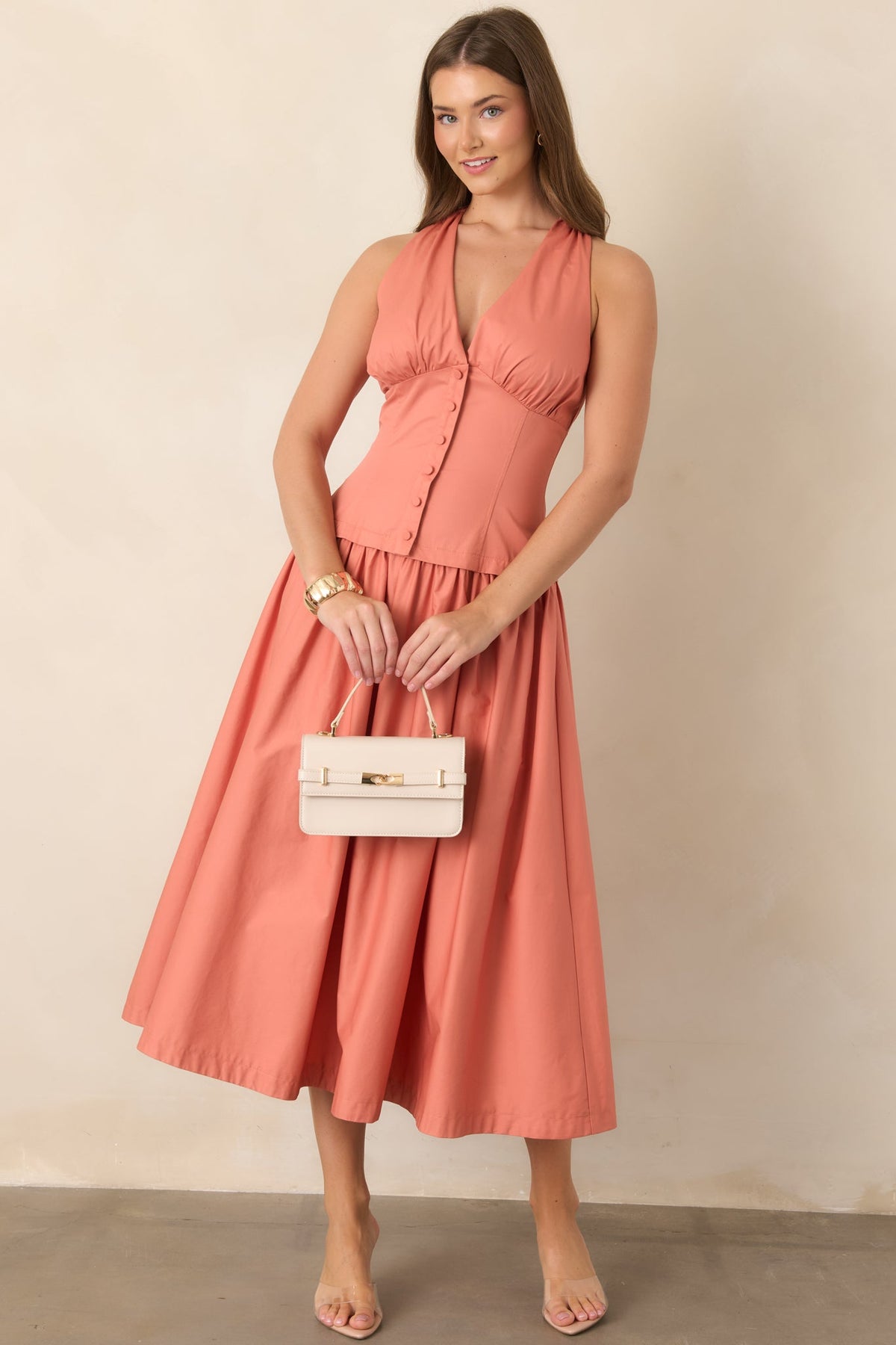 In the Warm Breeze Coral Orange Cotton Structured Bodice Sleeveless Midi Dress
