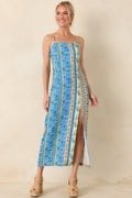 Sipping Under the Palms Blue Multi Tropical Print Bead Detail Midi Dress