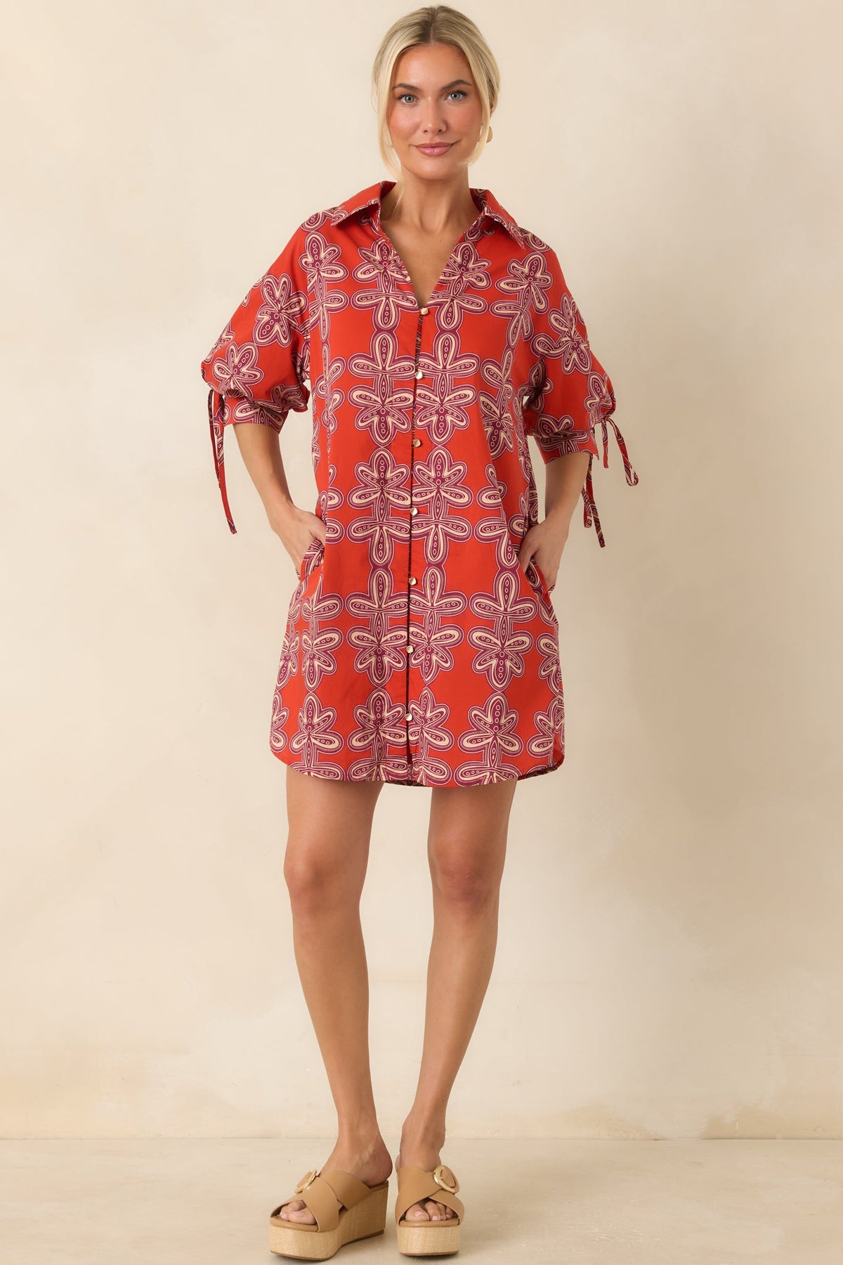 Missed Connections Brick Red & Burgundy Cotton Mini Shirt Dress