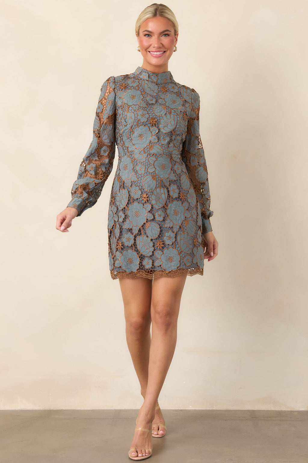 Garden Muse Dusty Blue Floral Lace Long Sleeve Mini Dress