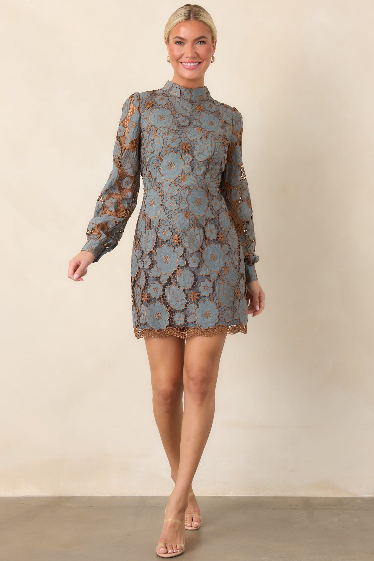 Garden Muse Dusty Blue Floral Lace Long Sleeve Mini Dress