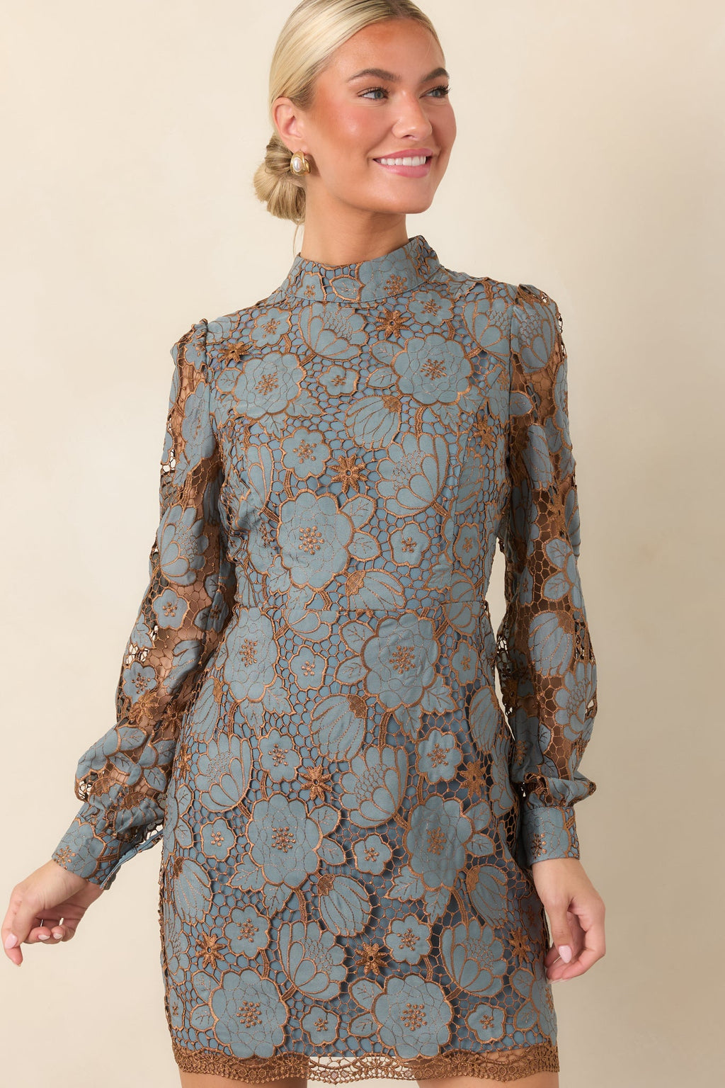 Garden Muse Dusty Blue Floral Lace Long Sleeve Mini Dress