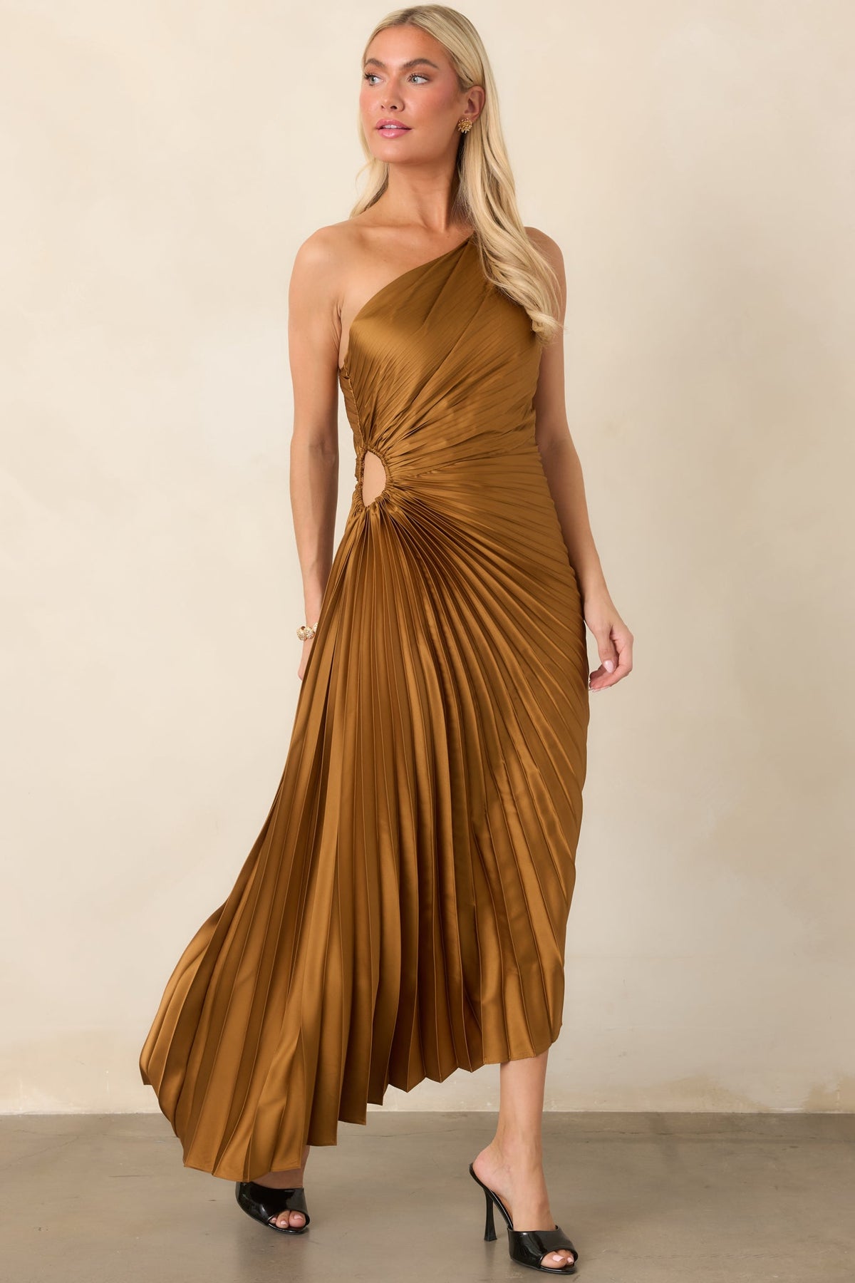Poetic Charm Bronze Asymmetric One Shoulder Maxi Dress