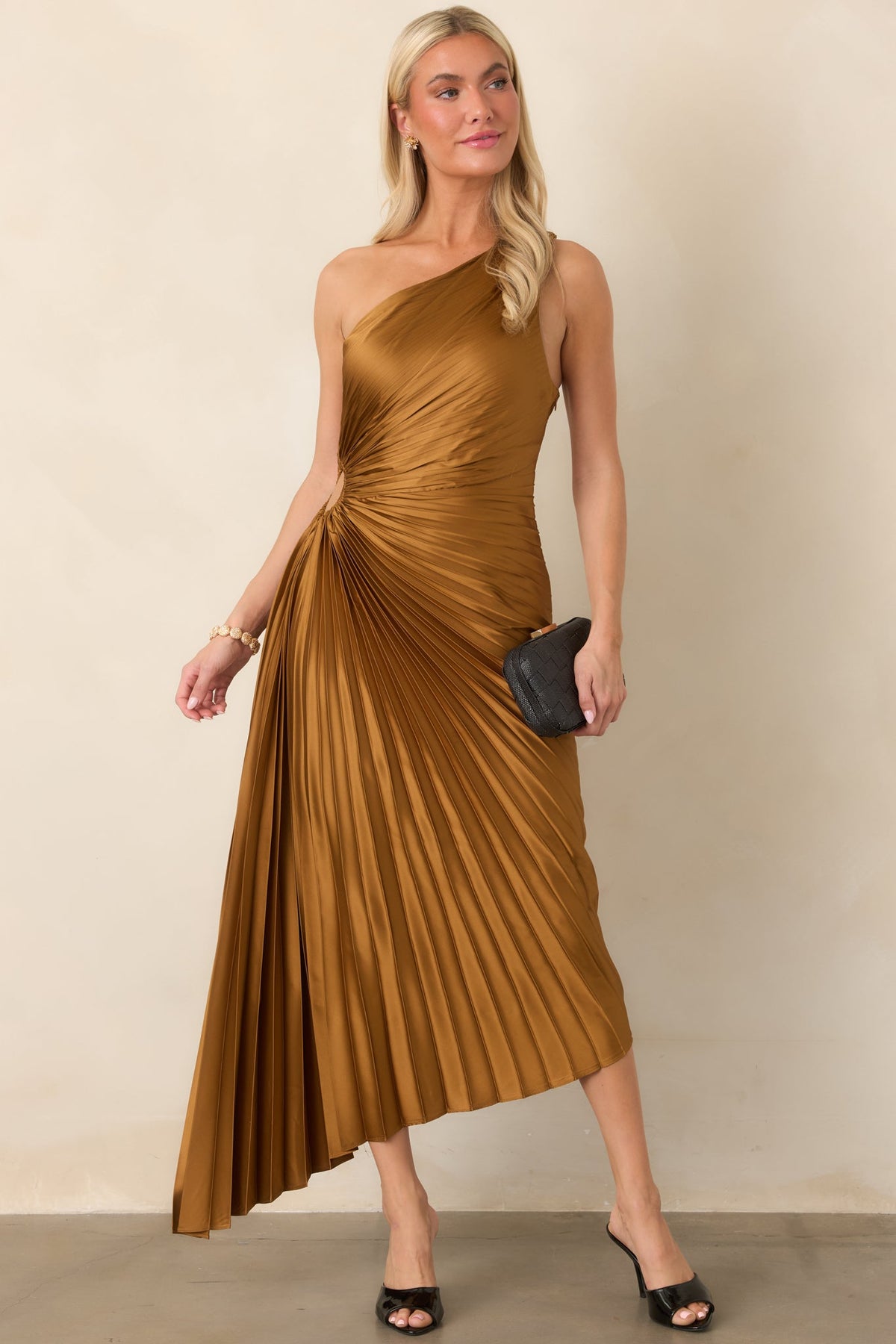 Poetic Charm Bronze Asymmetric One Shoulder Maxi Dress