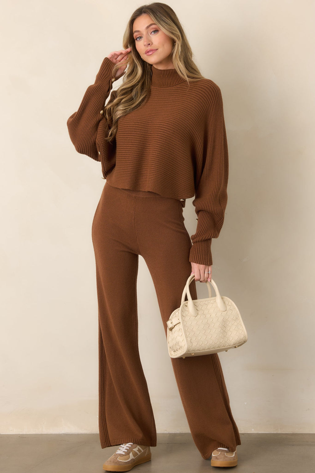 Polished Path Brown Ribbed Batwing Cropped Turtleneck Sweater