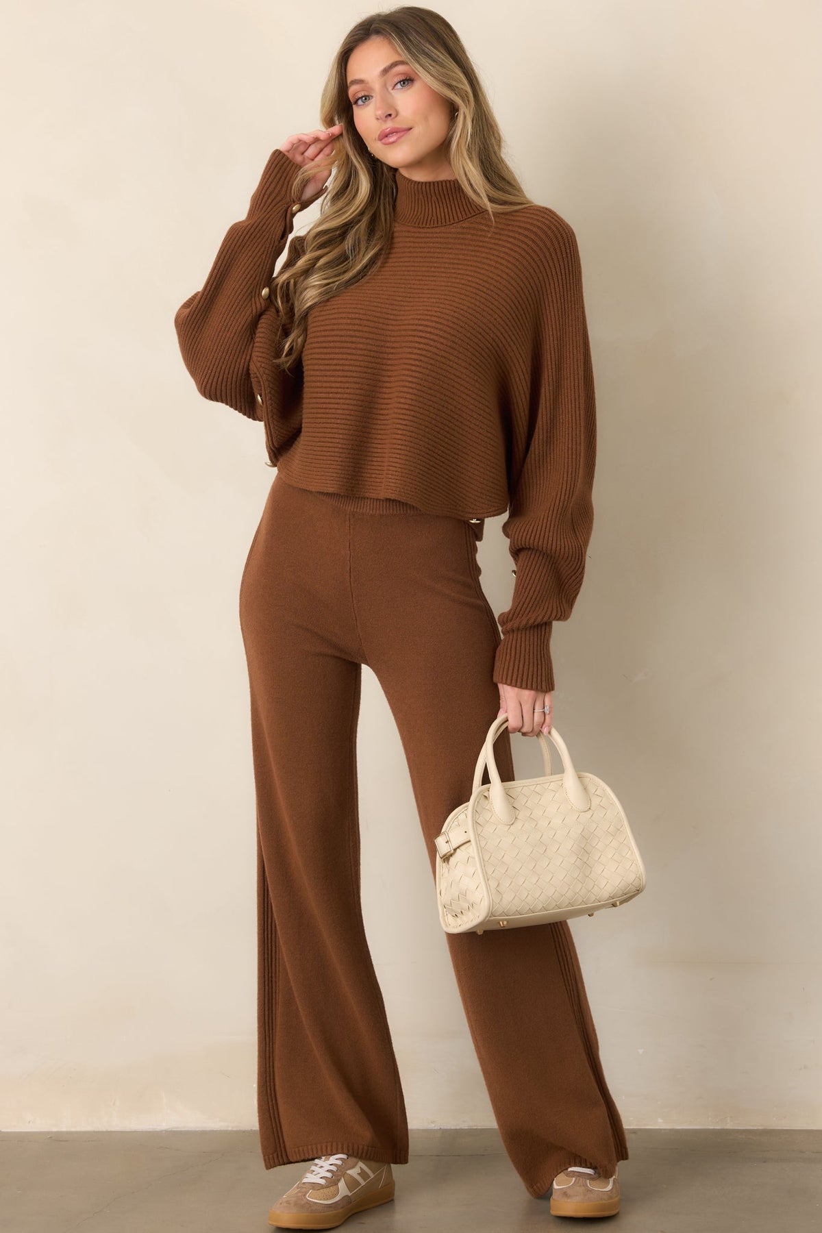Polished Path Brown Ribbed Batwing Cropped Turtleneck Sweater