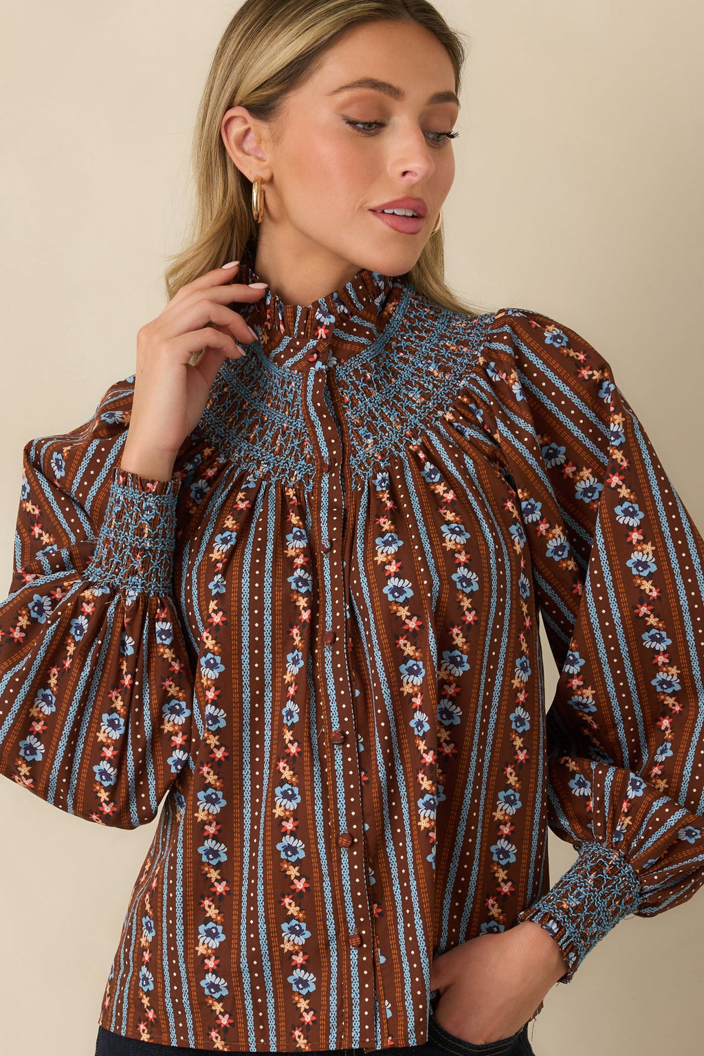 Prosperina Bedford Brown Multi Floral Stripe Cotton Smocked Blouse