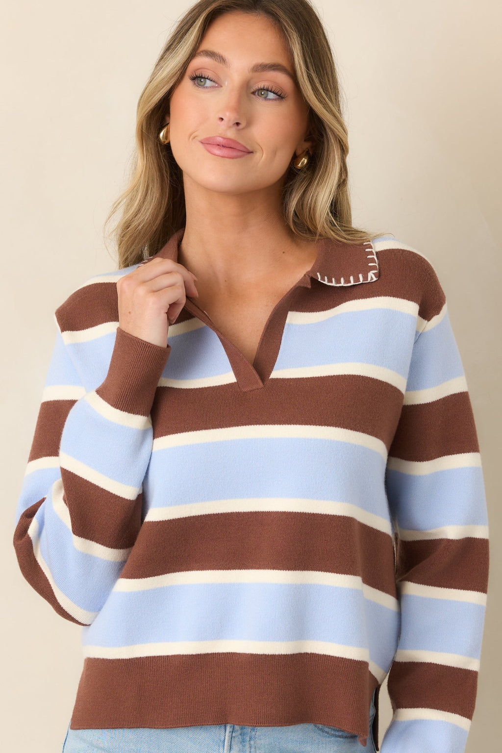 Day in, Day Out Blue & Brown Stripe Knit Collared Polo Top