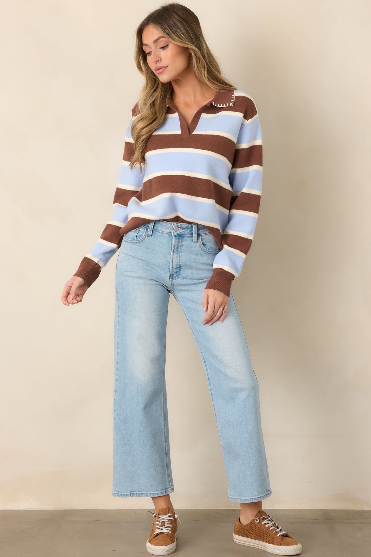 Day in, Day Out Blue & Brown Stripe Knit Collared Polo Top