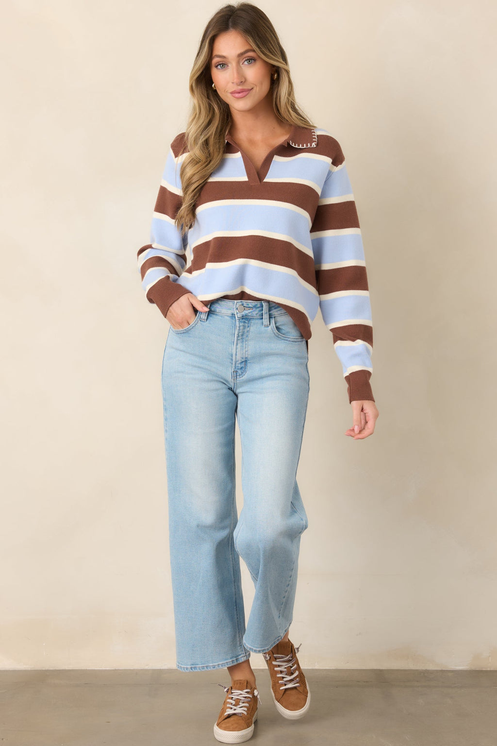 Day in, Day Out Blue & Brown Stripe Knit Collared Polo Top