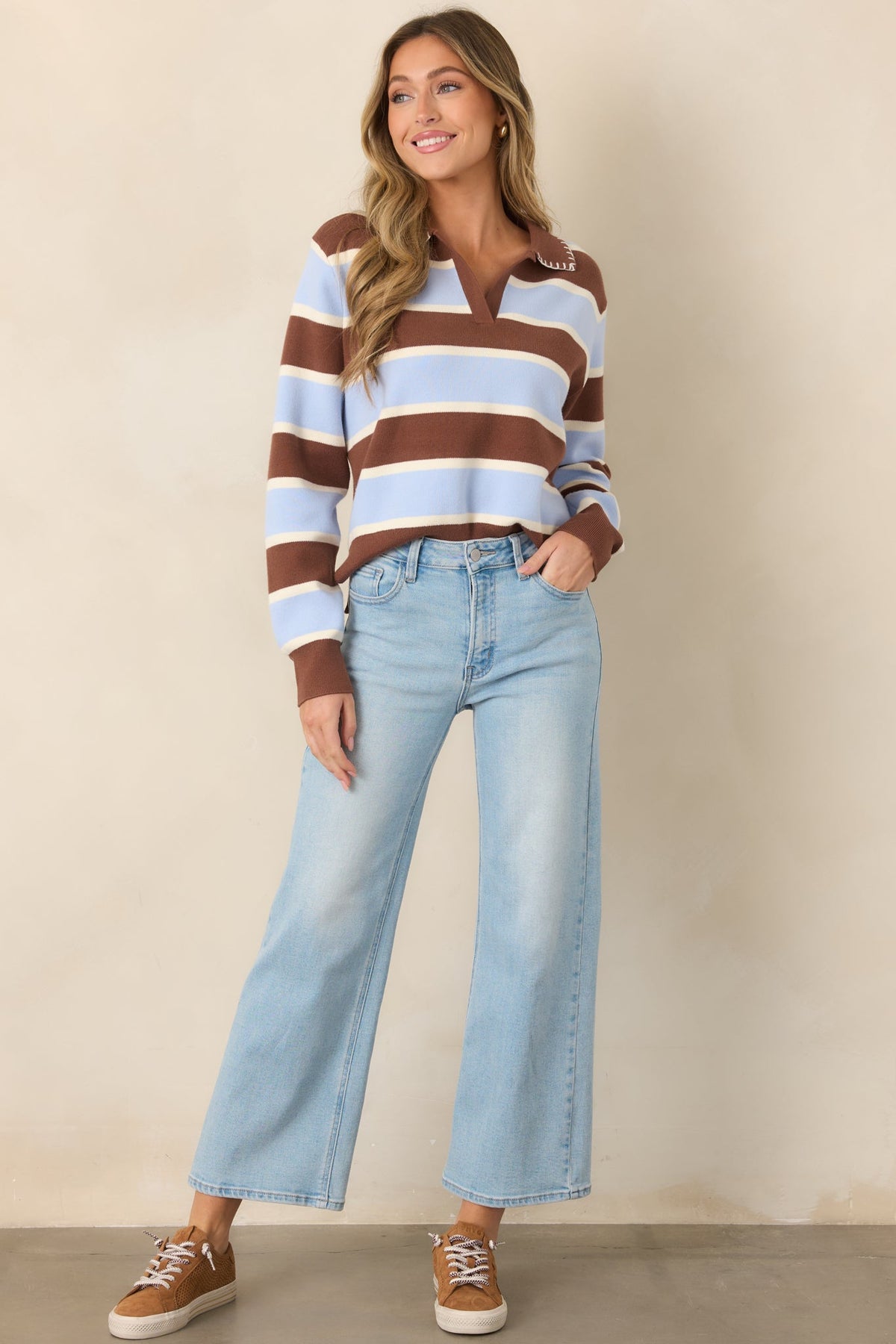 Day in, Day Out Blue & Brown Stripe Knit Collared Polo Top