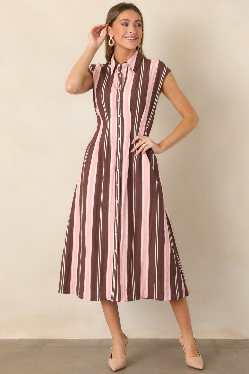 Coffee & Conversation Brown & Pink Stripe Midi Shirt Dress