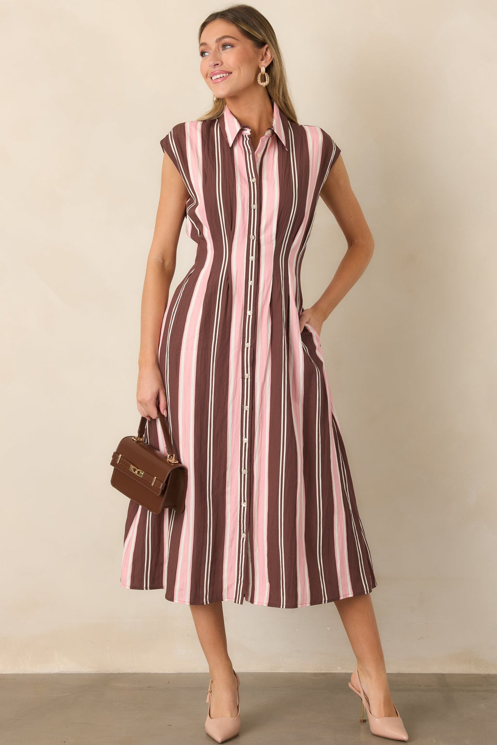 Coffee & Conversation Brown & Pink Stripe Midi Shirt Dress