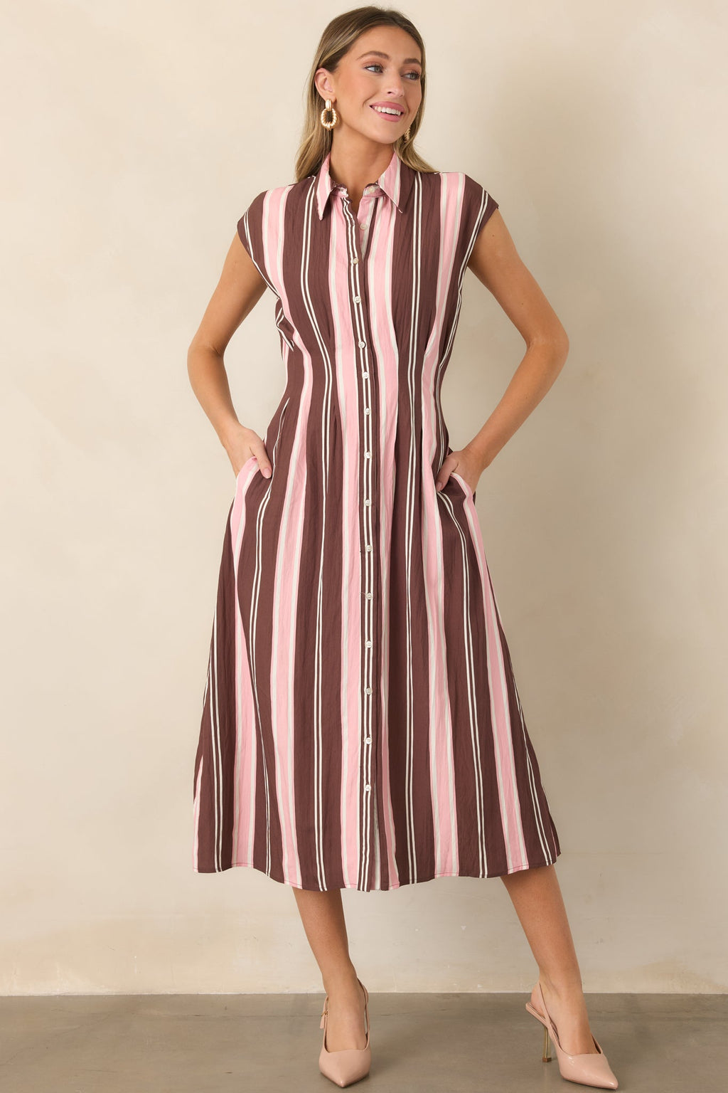 Coffee & Conversation Brown & Pink Stripe Midi Shirt Dress