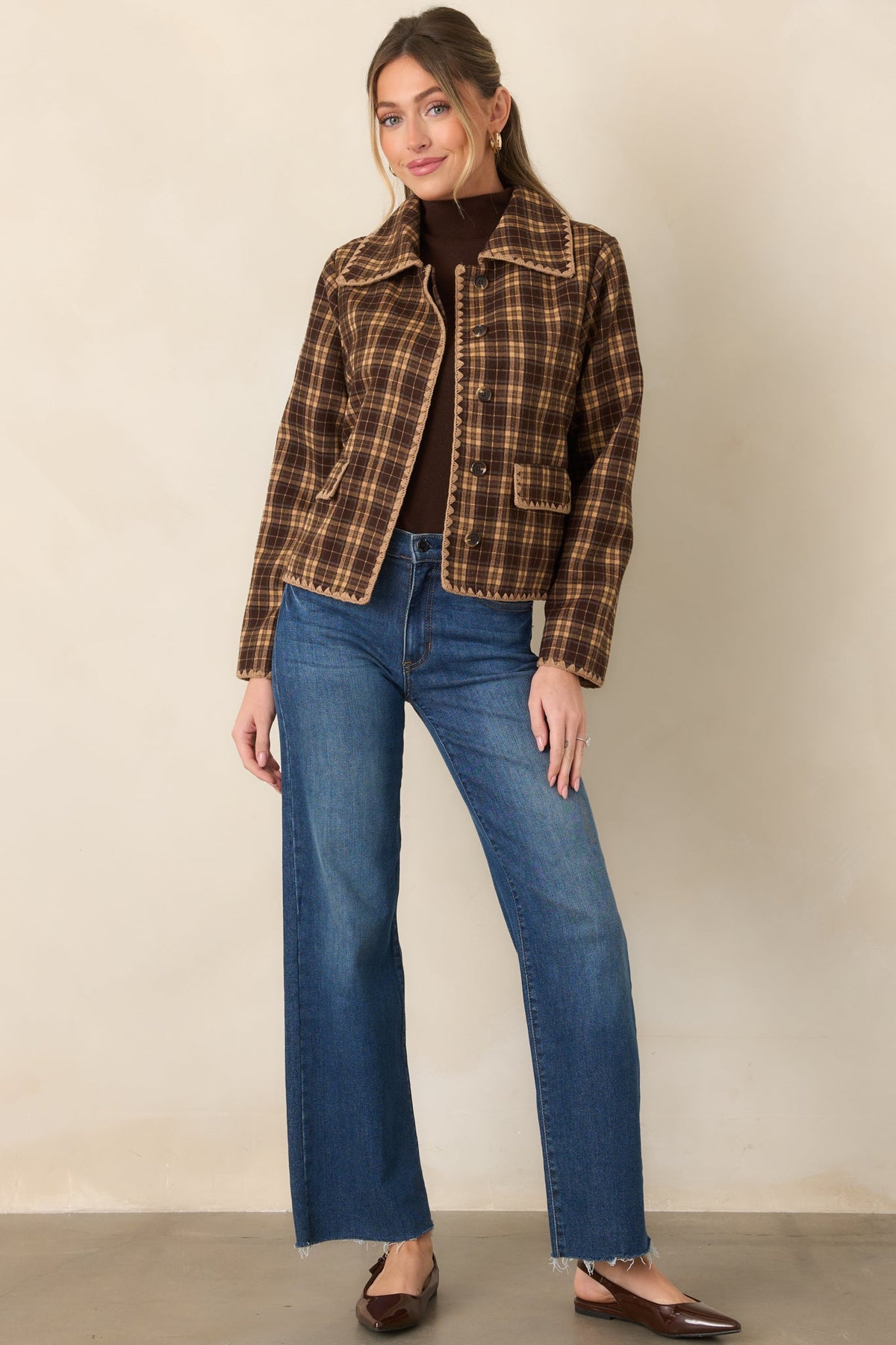 Quite the Classic Brown Plaid Scallop Trim Jacket