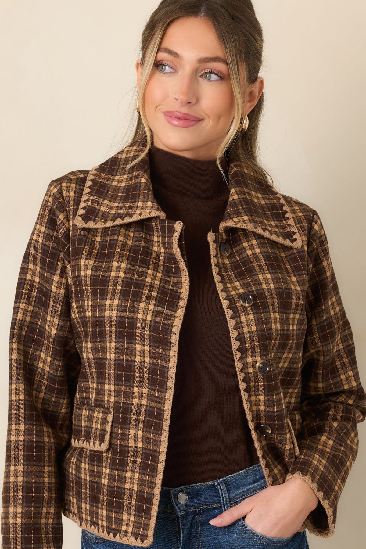 Quite the Classic Brown Plaid Scallop Trim Jacket