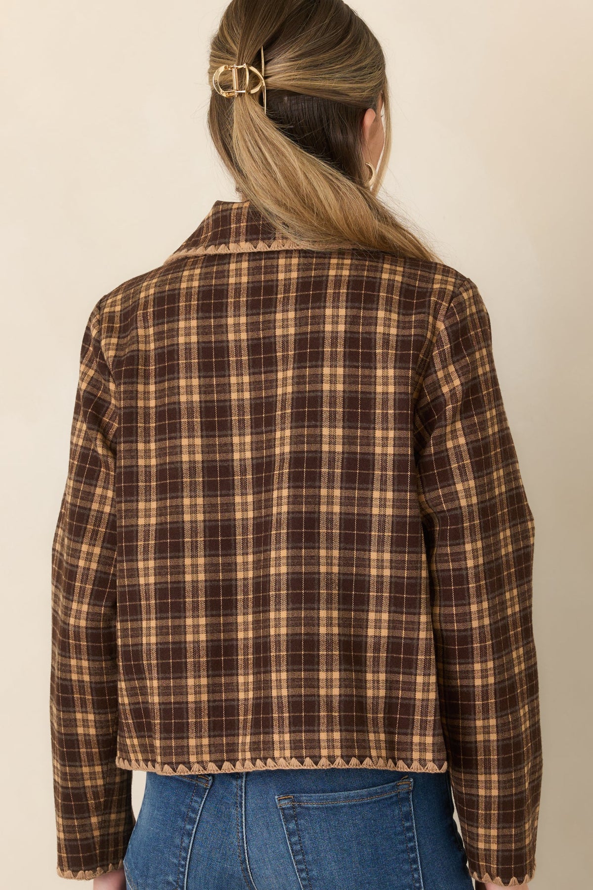 Quite the Classic Brown Plaid Scallop Trim Jacket